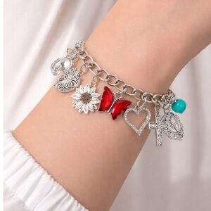 Silver Boho Loaded Charm Bracelet 8" Horseshoe Boots Cross Heart Flower